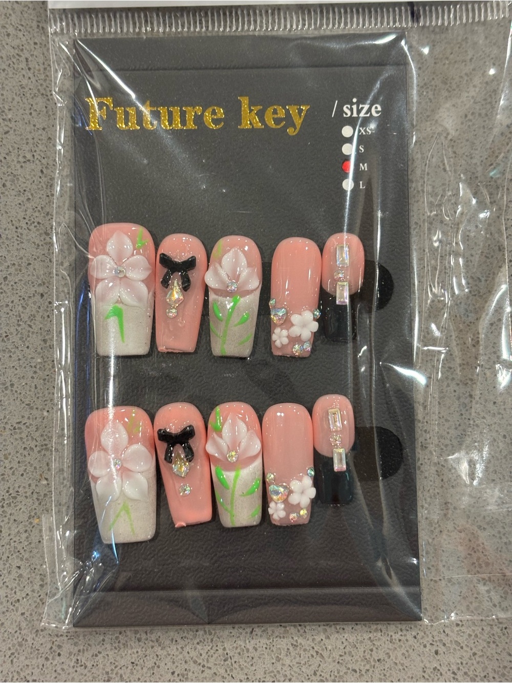 Handcrafted Gel Press-On Nail Set with 3D Floral & Bow Accents
